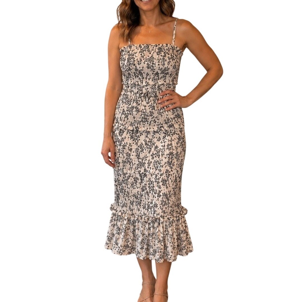 Mable Tiered Smocked Floral Midi Dress‎ Size L Black White Bodycon Romantic Y2K